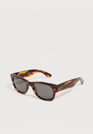 Tortoiseshell Ray-Ban sunglasses with rectangular dark lenses and silver rivets on the front frame corners.