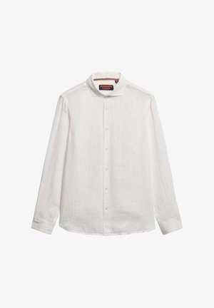 Witte lange mouwen shirt van lichtgewicht stof, met een knoopsluiting aan de voorkant, een puntige kraag en een relaxte pasvorm. Heeft een subtiele textuur.