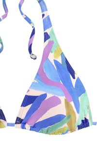 Top bikini triangolare con un motivo astratto multicolore in blu, viola, verde e beige; presenta spalline regolabili e bordi arricciati.