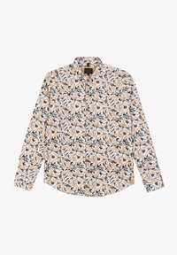 Camicia floreale a maniche lunghe color pesca, nero e bianco. Presenta un colletto button-down e un motivo a foglie ripetuto su tutta la stoffa.