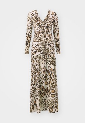 Leopardenmuster Langarmkleid mit V-Ausschnitt, gerafften Details und fließendem Rock. Hergestellt aus glattem Stoff mit einer weichen Textur.