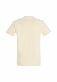 Short-sleeve t-shirt in cream cotton fabric. Simple, round neck design with a smooth texture. No visible patterns or embellishments.