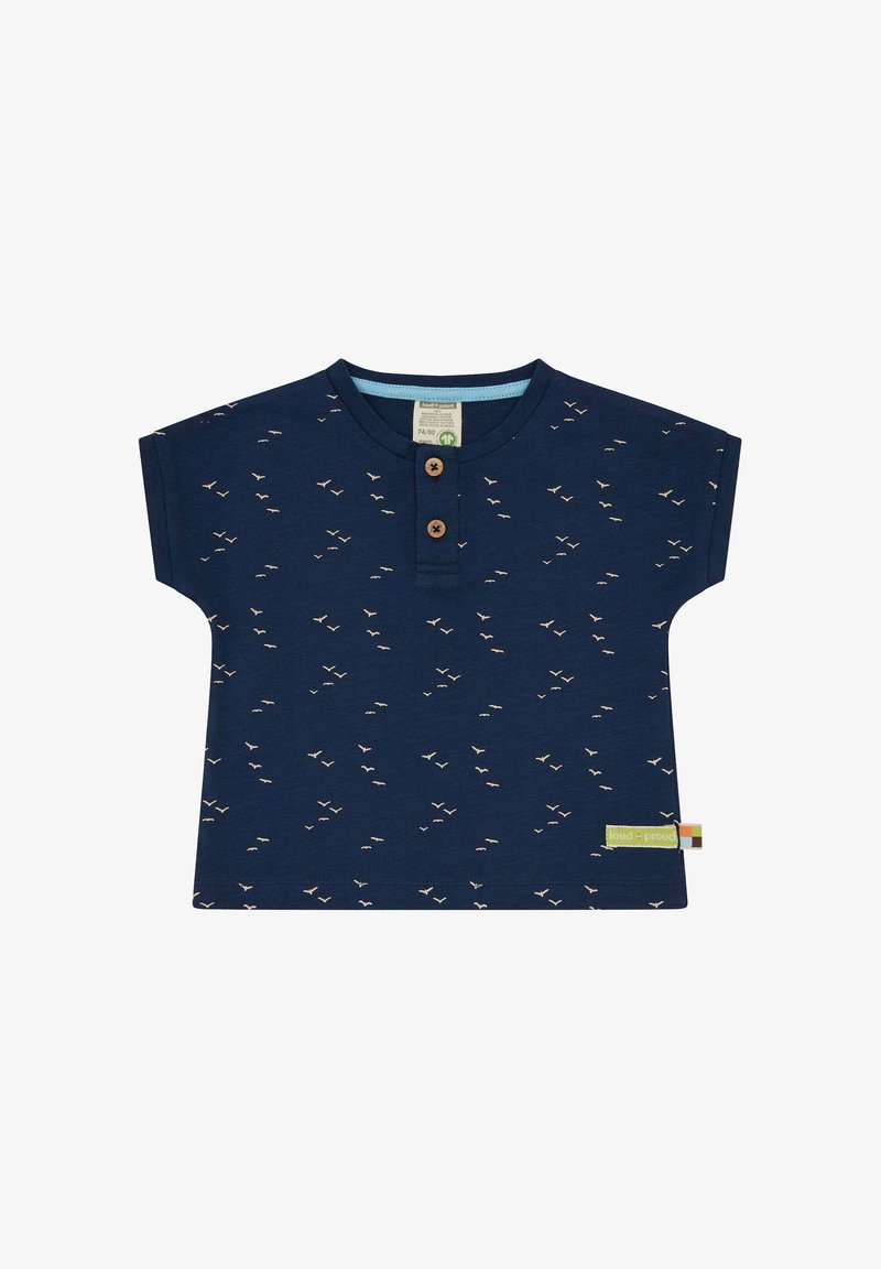 Navy blue short-sleeve t-shirt with a bird pattern, featuring a button placket and a green label at the hem for branding.