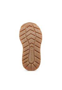 Suola di scarpa in gomma con una trama a motivo. Colore marrone chiaro, caratterizzata da linee zigzag rialzate e orizzontali per la trazione. Superficie testurizzata per una migliore aderenza.
