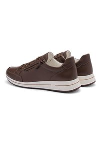 Brown leather sneakers featuring a textured surface, contrasting white sole, lace-up design, and a side zipper for easy access.