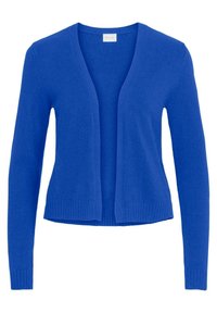 Modrý pletený kardigan s otevřeným předním dílem, dlouhými rukávy a žebrovanými manžetami na koncích rukávů a spodním lemu. Hladká textura.