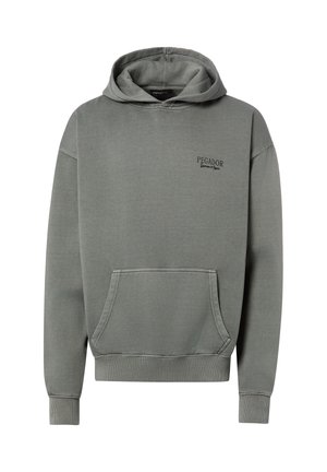 Grauer Kapuzenpullover mit Fronttasche und kleinem Schriftzug "PEGADOR Espresso & Cigars" auf der oberen linken Brust.