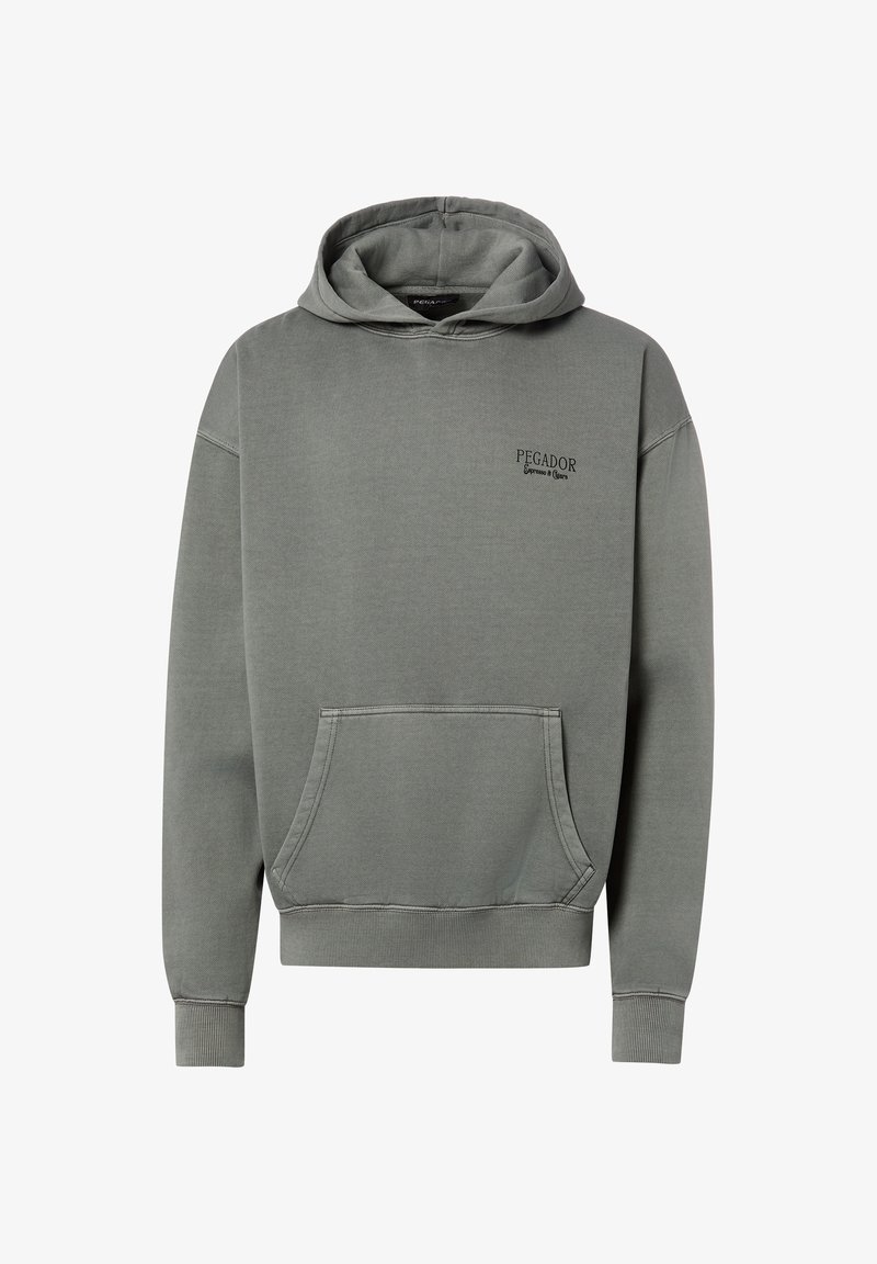 Sweat à capuche gris avec poche avant et petit texte "PEGADOR Espresso & Cigars" sur la partie supérieure gauche de la poitrine.