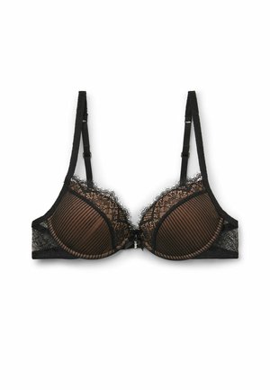 Schwarzer Spitzenbustier mit gestreiftem braunem Stoff, gepolsterten Cups und verstellbaren Trägern. Dekoratives Schleifchen in der Mitte.