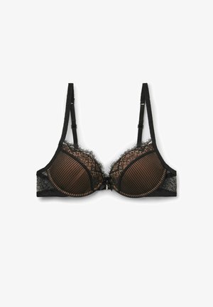 Black lace bra featuring a striped brown fabric, padded cups, and adjustable straps. Decorative bow detail at the center.