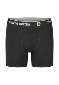 Zwarte katoenen boxershorts met een grijze elastische tailleband met het "pierre cardin" logo. Glad textuur, aangesloten ontwerp en lengte tot halverwege de dijen.