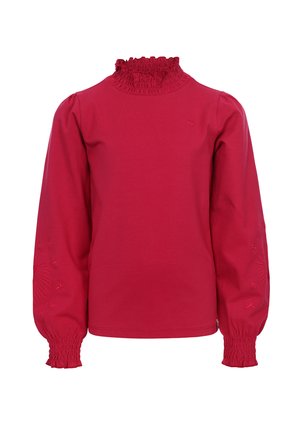 Rode longsleeve top met een gerimpelde hoge hals en smockmanchetten. Bevat geborduurde sterrenpatronen op de mouwen voor extra detail.