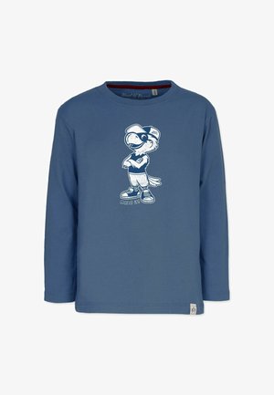 Blå langærmet skjorte med en tegneserie-fuglemaskot med kasket og sneakers, der krydser armene, teksten "MADE IT!" under figuren.