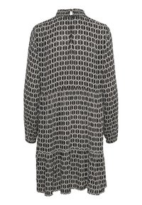 Abito a manica lunga in bianco e nero con motivo esagonale, vita arricciata, orlo a strati e chiusura a occhiello sul retro con bottone.