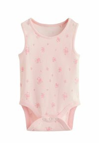 Svetloružové tielko bez rukávov s drobnými kvetinovými vzormi, z jemného bavlneného materiálu, so zaobleným výstrihom a patentkami v spodnej časti.