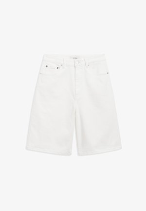 White denim shorts with a straight cut, two front pockets, and subtle metal accents on the button and pocket rivets.