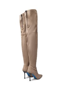 Stivali beige in suede al ginocchio con un design slanciato, punta appuntita e tacco a stiletto. Presentano cerniere sul retro per un facile indossamento.