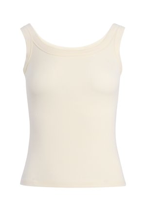Sleeveless ribbed tank top in cream color with a wide rounded neckline and fitted silhouette.
