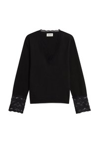 Schwarzer Pullover mit tiefem V-Ausschnitt und Spitzenrand am Hals- und Armabschluss. Hergestellt aus einem weichen Material, das mit strukturierten Spitzelementen versehen ist.