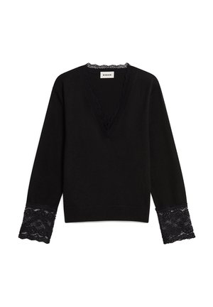 Pull noir avec un décolleté en V profond et une finition en dentelle au niveau du cou et des poignets. Fabriqué à partir d'un matériau doux, il présente des accents en dentelle texturée.