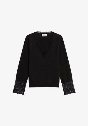 Schwarzer Pullover mit tiefem V-Ausschnitt und Spitzenrand am Hals- und Armabschluss. Hergestellt aus einem weichen Material, das mit strukturierten Spitzelementen versehen ist.