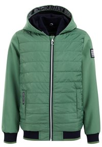 Grön pufferjacka med huva, dragkedjestängning och ribbade ärmslut. Har en quiltad front och släta ärmar, med en accentlogotyp på armen.