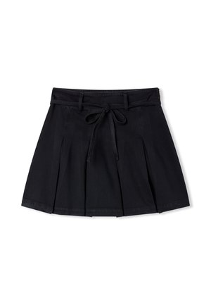 Gonna plissettata nera in cotone, con cintura legata in vita e passanti per la cintura, dal taglio classico e texture liscia.