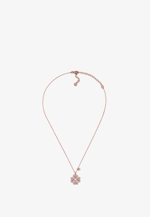 Roségoldene Halskette mit einem floralen Anhänger mit filigranen Details und einem kleinen Herzanhänger, auf einer dünnen Kette aufgehängt.