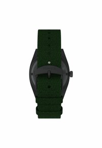Ceas Timex negru cu bratara din tesatura verde inchis texturata, spate din otel inoxidabil si prindere neagra, prezentat din spate.