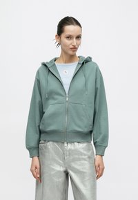 Ζακέτα με φερμουάρ σε απαλή πράσινη απόχρωση, κατασκευασμένη από μαλακό ύφασμα. Διαθέτει κουκούλα με κορδόνι, εμπρόσθιες τσέπες και ριμπ τελείωμα. Φοριέται πάνω από ένα ανοιχτό μπλε πουκάμισο.