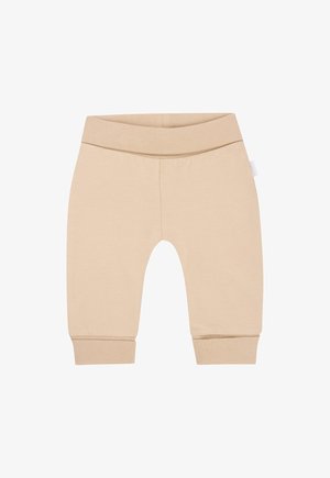 Beige Baumwollleggings mit einem elastischen Bund, schmal zulaufenden Beinen und gerippten Bündchen. Glatte Textur und schlichtes Design ohne Muster oder Akzente.
