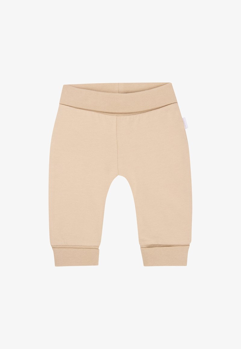 Beige Baumwollleggings mit einem elastischen Bund, schmal zulaufenden Beinen und gerippten Bündchen. Glatte Textur und schlichtes Design ohne Muster oder Akzente.