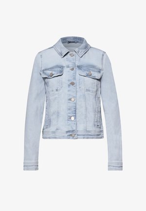 Light blue denim jacket with long sleeves, button closure, two chest flap pockets, and stitched seam details.