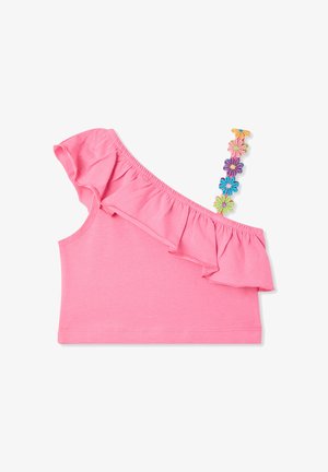 Różowy top na jedno ramię z miękkiej bawełny, z falbaniastym dekoltem i paskiem ozdobionym kolorowymi aplikacjami w kształcie kwiatów.