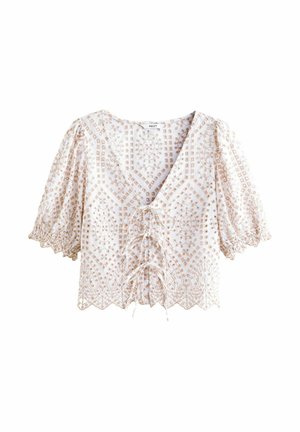 SHORT SLEEVE BRODERIE TIE FRONT - Blusa - neutral