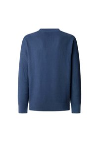 Maglione lavorato a maglia blu navy con scollo rotondo, maniche lunghe, polsini e orlo inferiore a costine, caratterizzato da un motivo testurizzato su tutta la superficie.