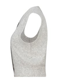 Gray sleeveless top made of soft knit material, featuring a wide scoop neckline and subtle ribbed texture, without additional embellishments.