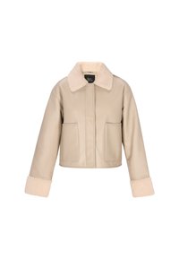 Beige Kunstlederjacke mit einem cremefarbenen Fellkragen und -manschetten, ausgestattet mit einem Reißverschluss vorne und zwei aufgesetzten Taschen an den Seiten.