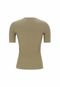 Olivengrøn tætsiddende t-shirt lavet af ribbet stof, med korte ærmer og rund halsudskæring, med en glat tekstur og minimalistisk design.