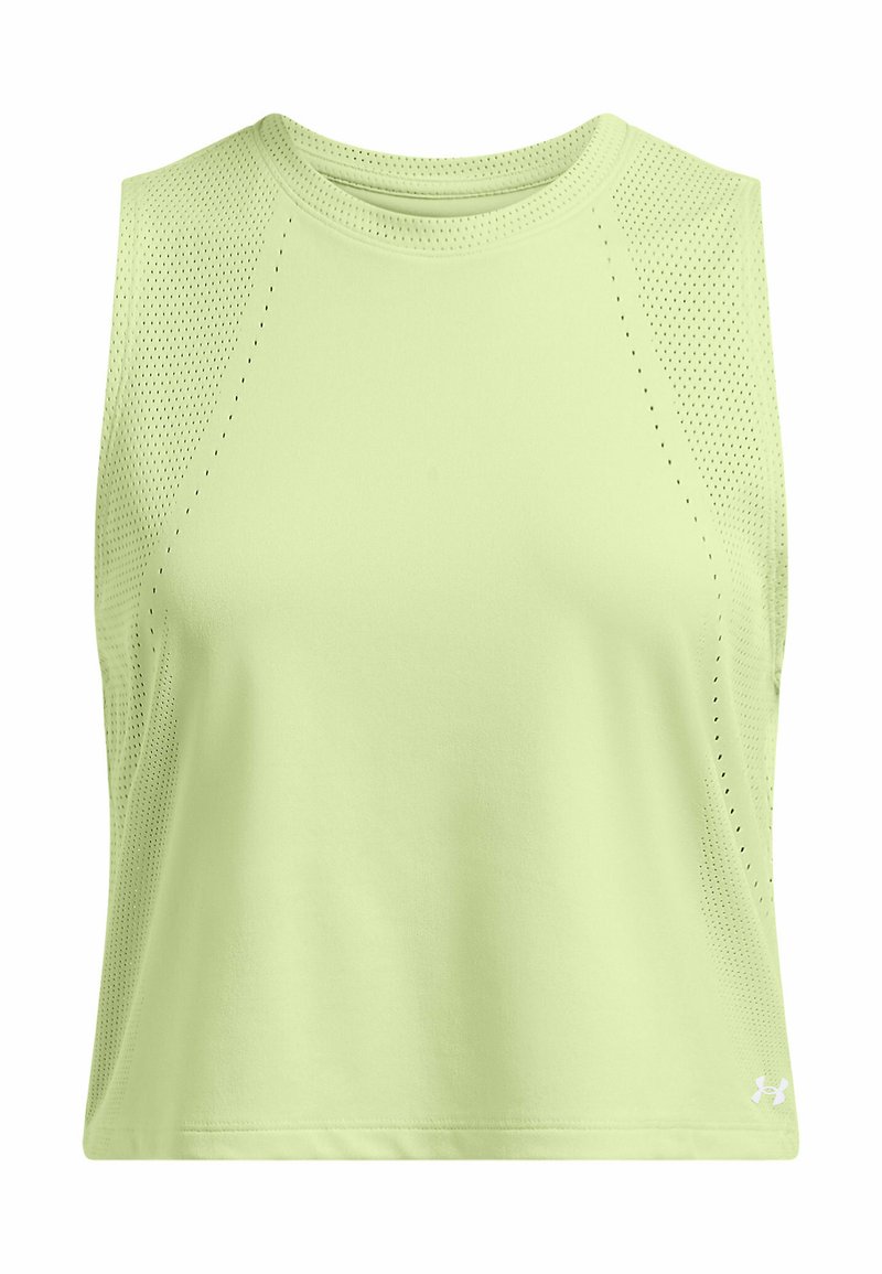 Top atlético sin mangas de color verde claro con lados de malla transpirable, cuello redondo y material de algodón texturizado. Presenta un pequeño logo en la parte inferior.