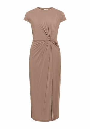 Robe midi taupe à manches courtes, détail nœud sur le côté et fente frontale pour une silhouette ajustée et élégante.