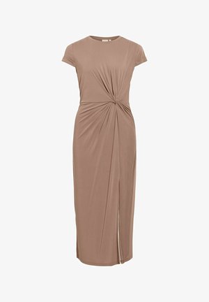Robe midi taupe à manches courtes, détail nœud sur le côté et fente frontale pour une silhouette ajustée et élégante.