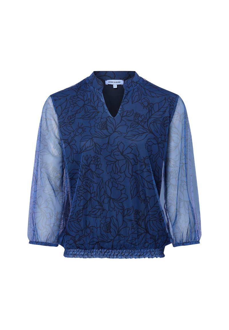 Marinebluse mit durchsichtigen, puffärmeligen und floralem Muster. Verfügt über einen V-Ausschnitt und einen gerafften Saum für eine lässige Passform.