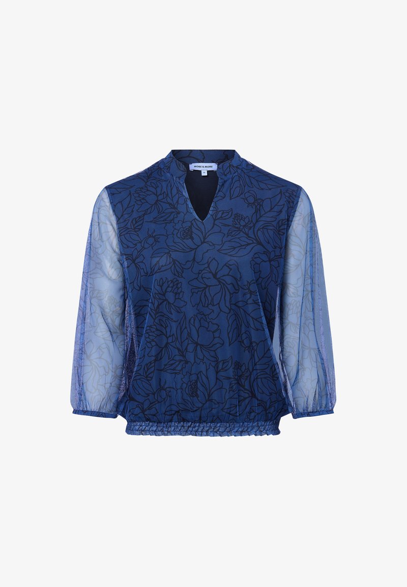 Marinebluse mit durchsichtigen, puffärmeligen und floralem Muster. Verfügt über einen V-Ausschnitt und einen gerafften Saum für eine lässige Passform.