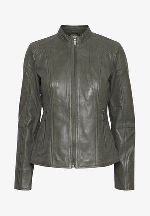 Tummanvihreä nahkatakki, jossa on pystykavennettu kaulus, etuvetoketju ja kaksi sivutaskua. Sisältää brodeeratut yksityiskohdat harteilla ja kyljissä.