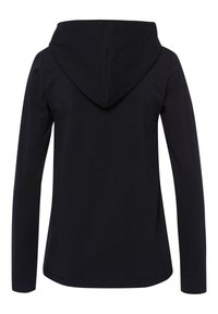 Hoodie noir à manches longues avec un ourlet arrondi et une grande capuche douce. Fabriqué en tissu lisse et extensible, avec des manches ajustées et peu de détails.