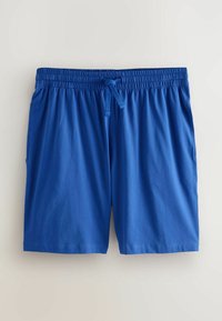 Blue elastic waistband shorts with drawstring and side pockets on a plain light background.