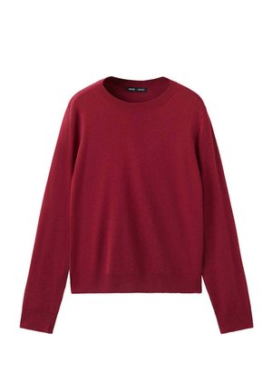 Pull à manches longues col rond de couleur rouge foncé uni avec encolure, poignets et ourlet côtelés, présenté sur un fond blanc.
