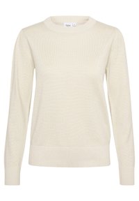 Kremowy sweter z wysokim kołnierzem, długimi rękawami, ribbowymi mankietami i dołem, dzianinowa tekstura, wykonany z miękkiego materiału, minimalistyczny design.