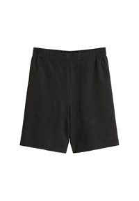 Schwarze Shorts mit elastischem Bund, aus leichtem Stoff gefertigt. Sie haben einen geraden Schnitt und dezente Nähte an den Seiten.
